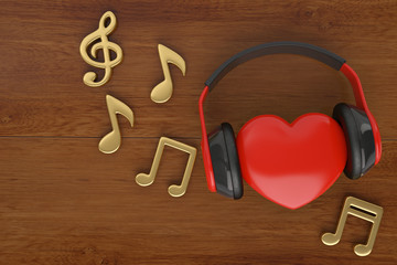 Red heart with headphones and music notes.3D illustration.