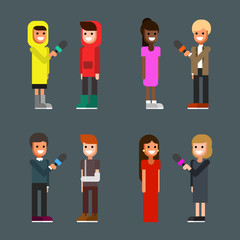 Collection of male and female news reporters interviewing different people in various situations. Set of journalists or correspondents making reportage. Cute cartoon characters. Vector illustration.