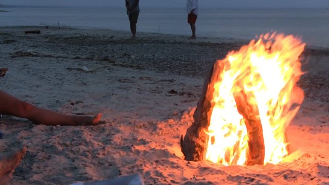 Summertime Beach Bonfire Get Together Playing Horseshoes In The Sand And Playing In The Water At Dusk