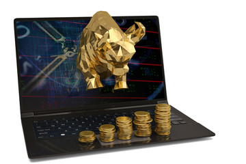 Gold bull with laptop and gold coin stacks on white background.3D illustration.