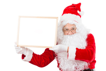 Merry christmas,Santa Claus pointing in white blank sign,Isolated on white background.