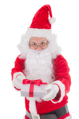 Happy merry Christmas Santa Claus pointing holding Gift Box with Isolated on white background.
