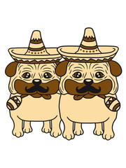 2 freunde team paar brüder mustache schnurrbart sombrero mexikaner rassel musik hut mütze südamerika party feiern mops klein dick hund welpe süß niedlich haustier comic cartoon