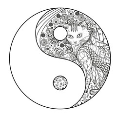 Obraz premium Cat. Yin and Yang. Zentangle. Hand drawn mandala with cat on isolation background. Design for spiritual relaxation for adults. Line art creation. Black and white illustration for coloring. Zen art