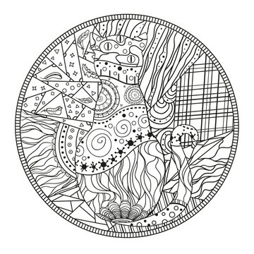 Cat. Mandala. Design Zentangle. Hand drawn circle zendala with cat. Abstract patterns on isolation background. Design for spiritual relaxation for adults. Zen art. Line art creation. Eastern pattern