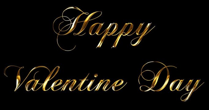 vintage yellow gold metallic happy valentine day word text with light reflex on black background with alpha channel, concept of golden luxury holiday valentine day love relationship, seamless loop