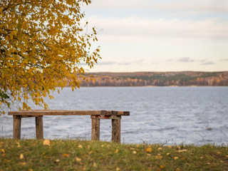 Wooden bench in autumn Park on the shore of the lake.