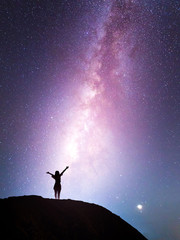milky way, star, with happy girl standing on the mountain