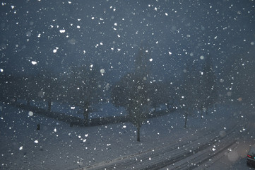 Schneeflocken, dichtes Schneegestöber am Circus in Putbus, Hintergrund