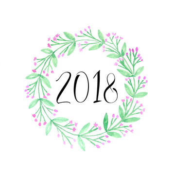 Happy new year 2018 on watercolor hand painting flowers wreath over white background, new year greeting card, banner