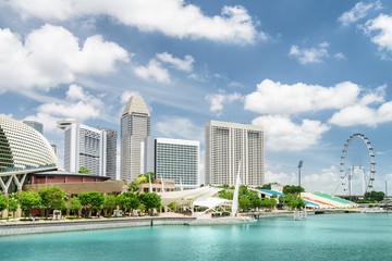 Scenic view of modern buildings and Marina Bay in Singapore