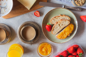 Traditional european breakfast. Bread, jam and berries