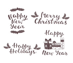 Merry Christmas, Happy New Year, Happy Holydays. Hand Drawn Lettering Illustration.