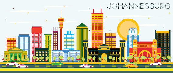Fototapeta premium Johannesburg Skyline z kolorowymi budynkami i błękitnym niebem.