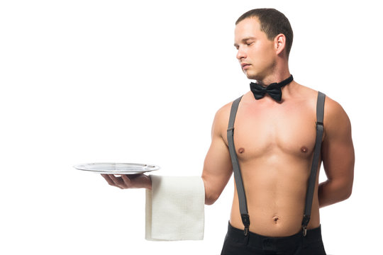handsome man holding a tray with a towel, the waiter is isolated on white