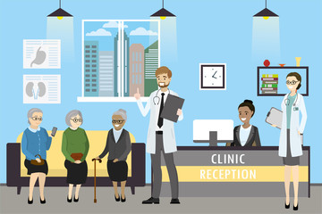 Clinic reception, doctor and old woman patients,african american receptionist