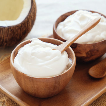 Organic Coconut Yogurt In Wooden Bowl, Dairy Free Yogurt, Probiotic Food