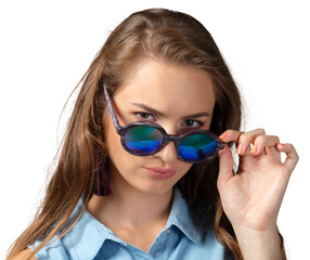 woman in summer sunglasses with long curly  hair