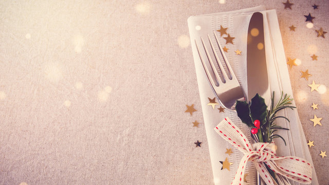 New Year eve 2024, Christmas food lunch, dinner table place setting, festive holidays background