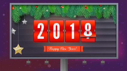 New Year is coming 2018. Background with mechanical clock, gold and silver stars. Happy New Year 3D illustration with scoreboard, template for your greeting cards or print design.