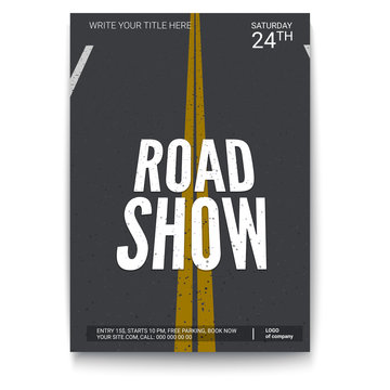 Poster design for fury road show, isolated on white backdrop. Vector template of poster, design layout for brochure, banner, flyer. Mock-up of event with text template, A4 size