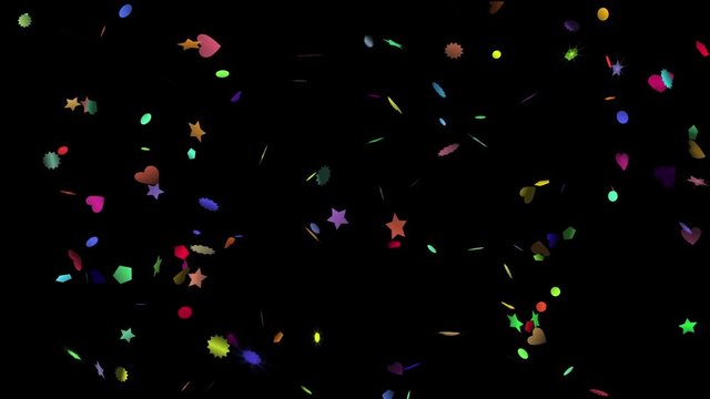 Animation of the falling rotating confetti in shape of heart, star, polygon.
Black background, loop, alpha channels, 4K. Includes matte for compositing over footage