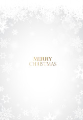 Christmas light background with white snowflakes and golden Merry Christmas text - light version