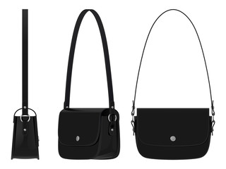 Черная женская кожаная сумка с ремнем для ношения на плече и магнитной застежкой, вид сверху, сбоку и под углом, на белом фоне