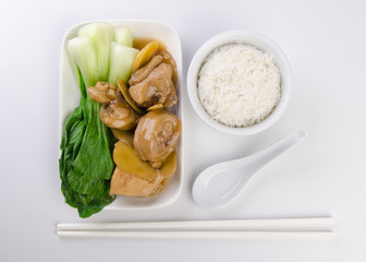 Chicken with rice and vegetables in background