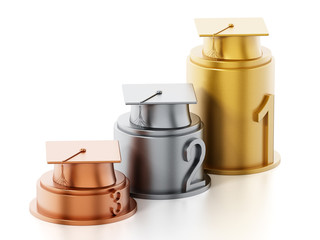 Gold, silver and bronze mortarboards standing on columns. 3D illustration