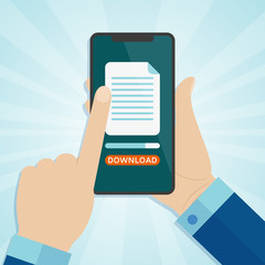 Hand holding smartphone with downloading file on a screen. Vector illustration.