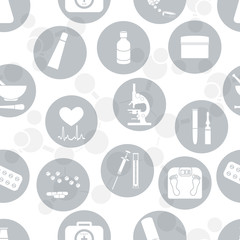 Seamless pattern of various medical devices and drugs first aid kit arranged in a circle.