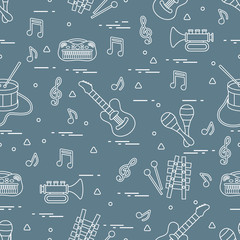 Fototapeta na wymiar Vector pattern of sheet music and different musical toys: guitar, drum, trumpet, xylophone, maracas and other.