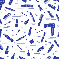 Cute pattern of various accessories of decorative cosmetics, hair  and face care products.