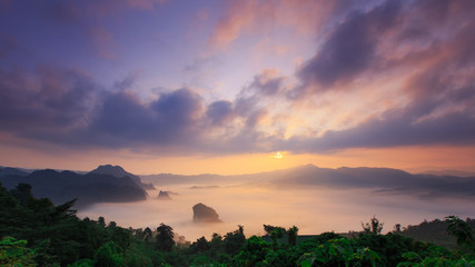 Sunshine and clouds on the morning mist At Phu Lang Ka, Phayao, Thailand