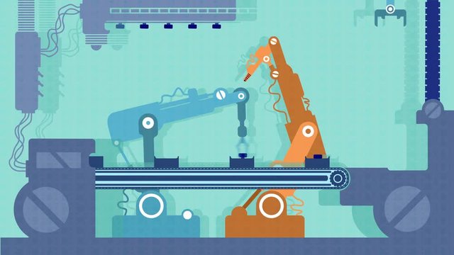 Conveyor production. Automated robotics perform cutting, fixing and packing of the product during its movement along the conveyor belt. Cyclic flat animation.