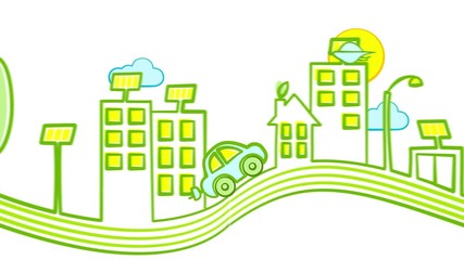 An electric car rides in an ecologically clean city. On the way of the car there are a lot of solar baths. Cyclic flat animation. - Powered by Adobe