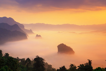 Sunshine and clouds on the morning mist At Phu Lang Ka, Phayao, Thailand