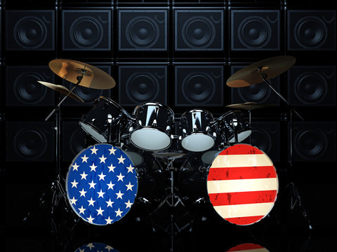 Drum set painted in the USA flag on the background wall of guitar amps. 3D Render