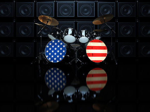 Drum set painted in the USA flag on the background wall of guitar amps. 3D Render