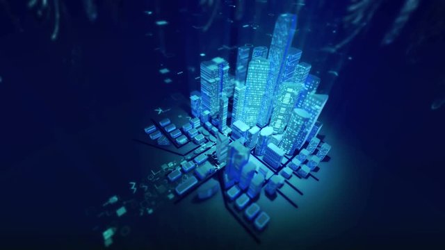 The image of a modern city in the stream of digital technologies. Night city. Cyclic animation.
