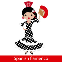 Girl in black flamenco dress with white polka dots