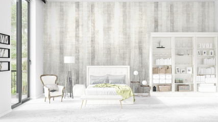 Scene with brand new interior in vogue with white rack and modern bed. 3D rendering. Horizontal arrangement.