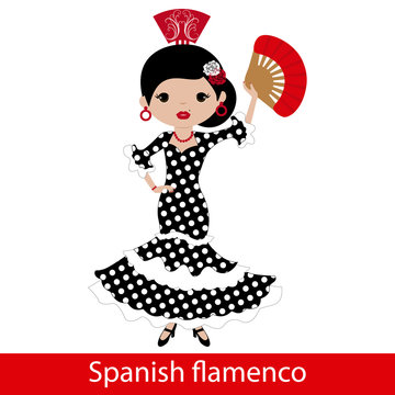 Girl in black flamenco dress with white polka dots