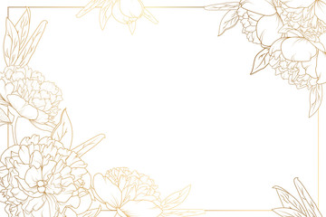 Obraz premium Różowa piwonia w kwiaty z ozdobnymi narożnikami. Kwiatowy kwiat kwiatowy liści girlandy. Jasny błyszczący złoty gradient światła odbicie na białym tle. Ilustracja wektorowa projektu.