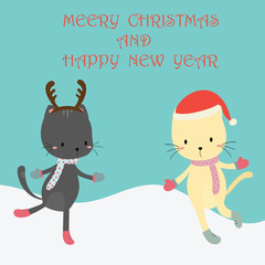 Merry Christmas and happy new year greeting card with cute cats vector