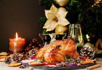 Obraz na płótnie Canvas Baked turkey for Christmas or New Year space for text