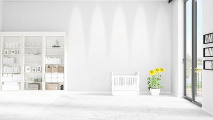 Scene with brand new interior in vogue with white rack and baby bed. 3D rendering. Horizontal arrangement.