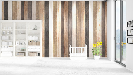 Scene with brand new interior in vogue with white rack and baby bed. 3D rendering. Horizontal arrangement.