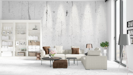 Scene with brand new interior in vogue with white rack and modern bed. 3D rendering. Horizontal arrangement.